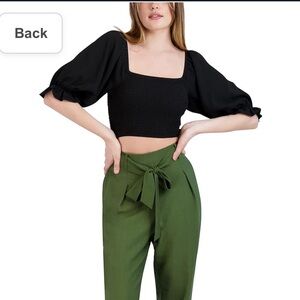 BCBGeneration Womens Smocked Puff Sleeves Cropped in Black Size XS